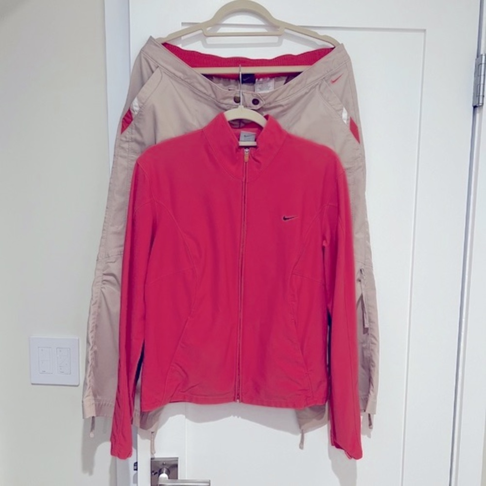 Nike 2 piece set: Pink Jacket & Tan Capri Pant (Large & XLarge, respectively)